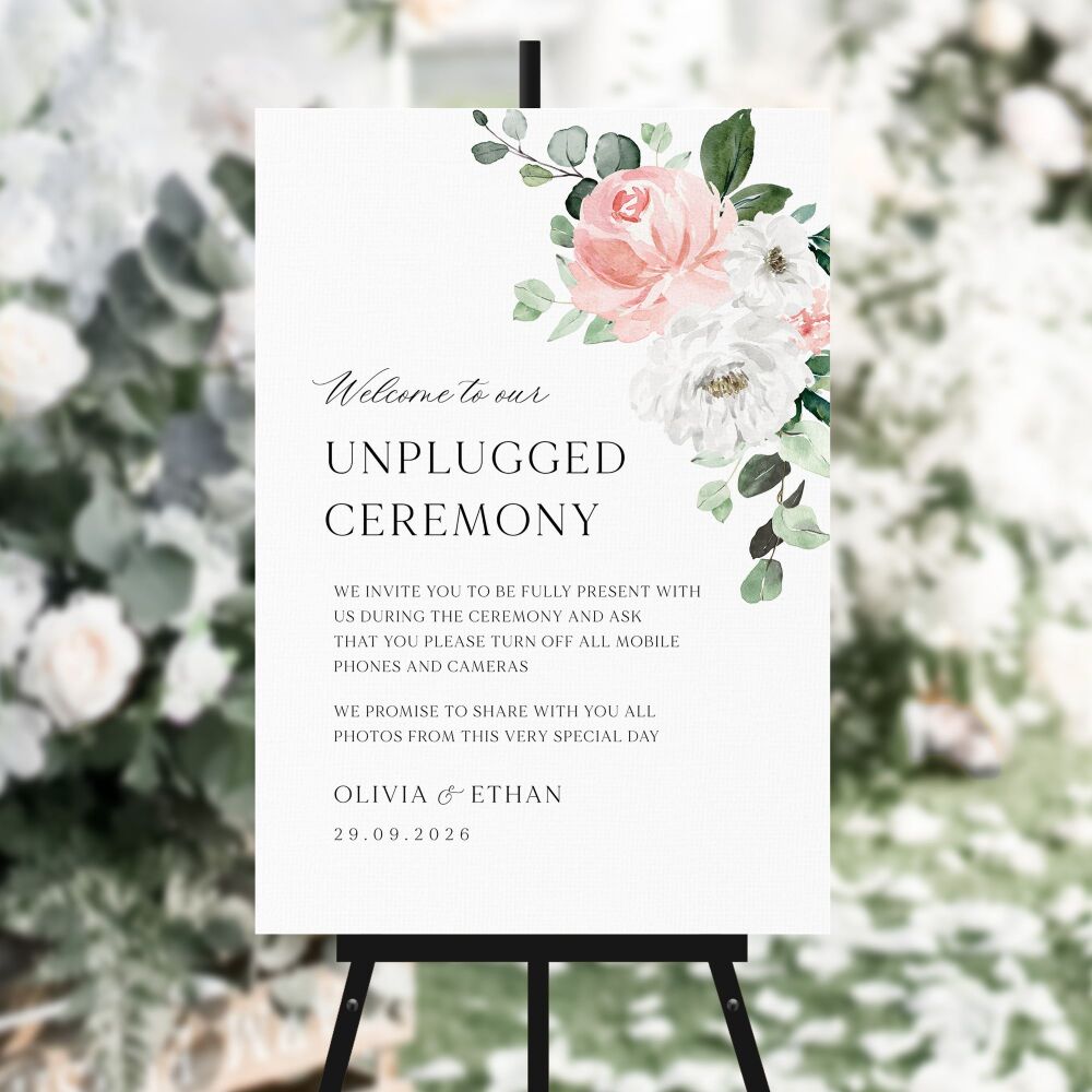 Blush Florals & Eucalyptus Unplugged Ceremony Sign