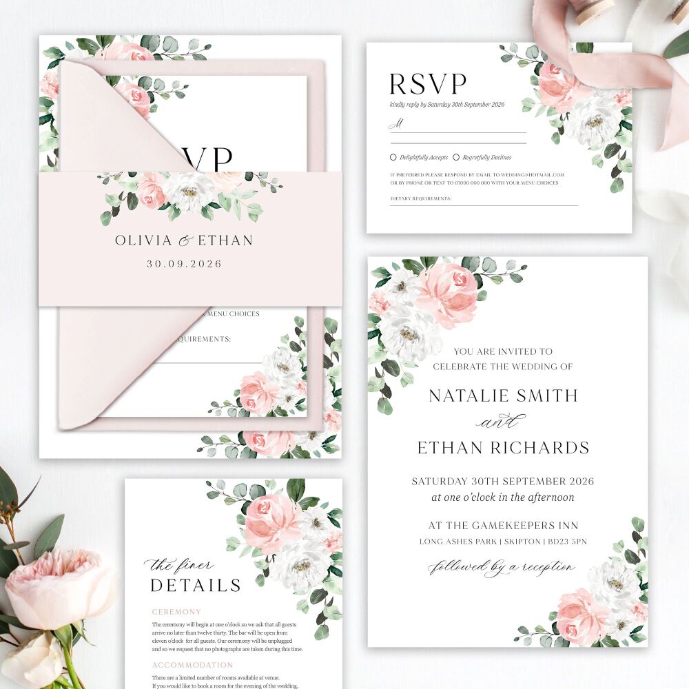 Blush Florals & Eucalyptus Wedding Invitation Sample