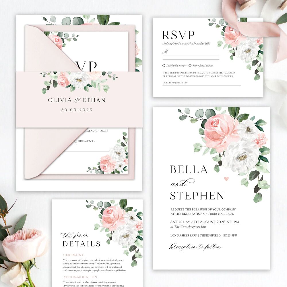 Blush Florals & Eucalyptus Wedding Invitation Sample