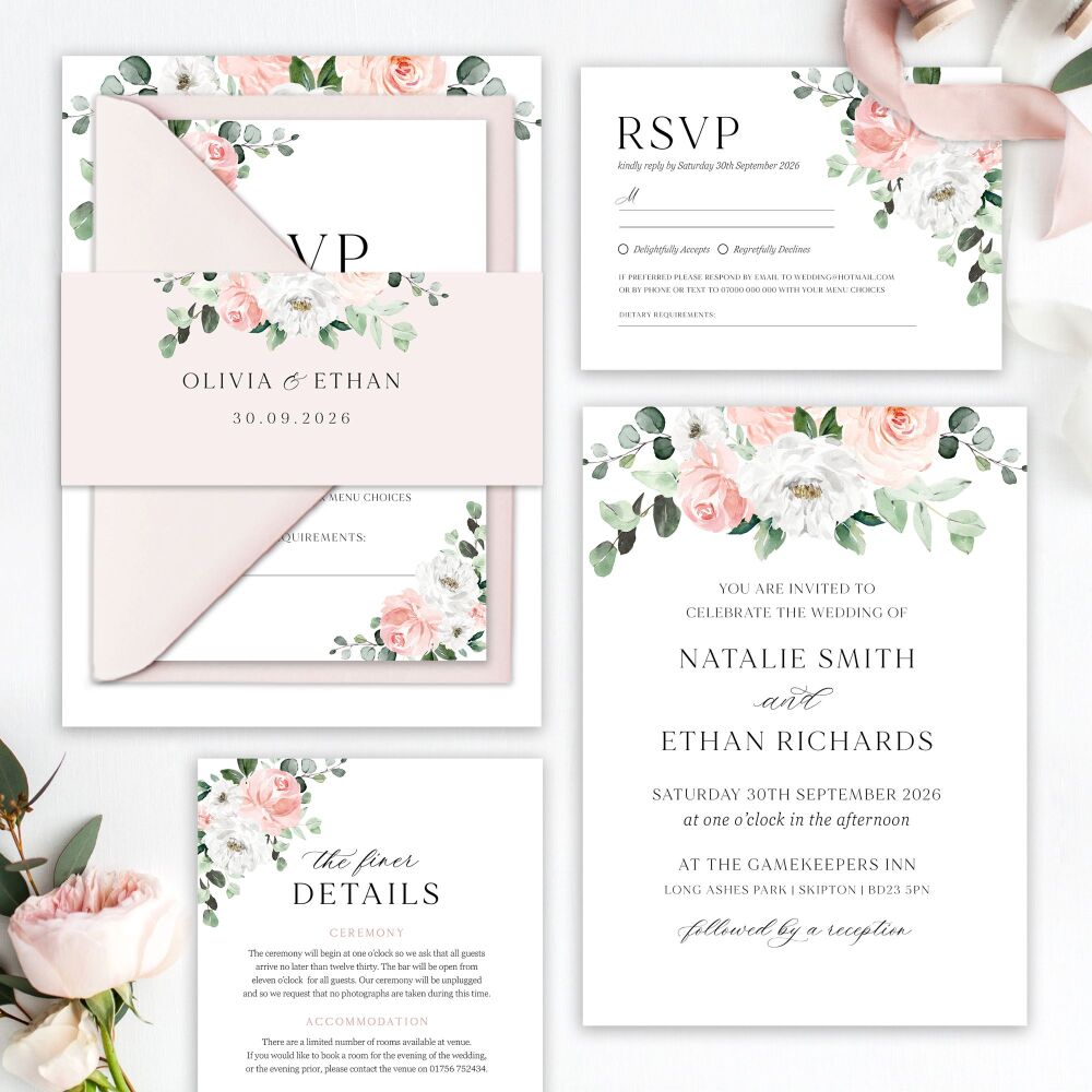 Blush Florals & Eucalyptus Wedding Invitation Sample