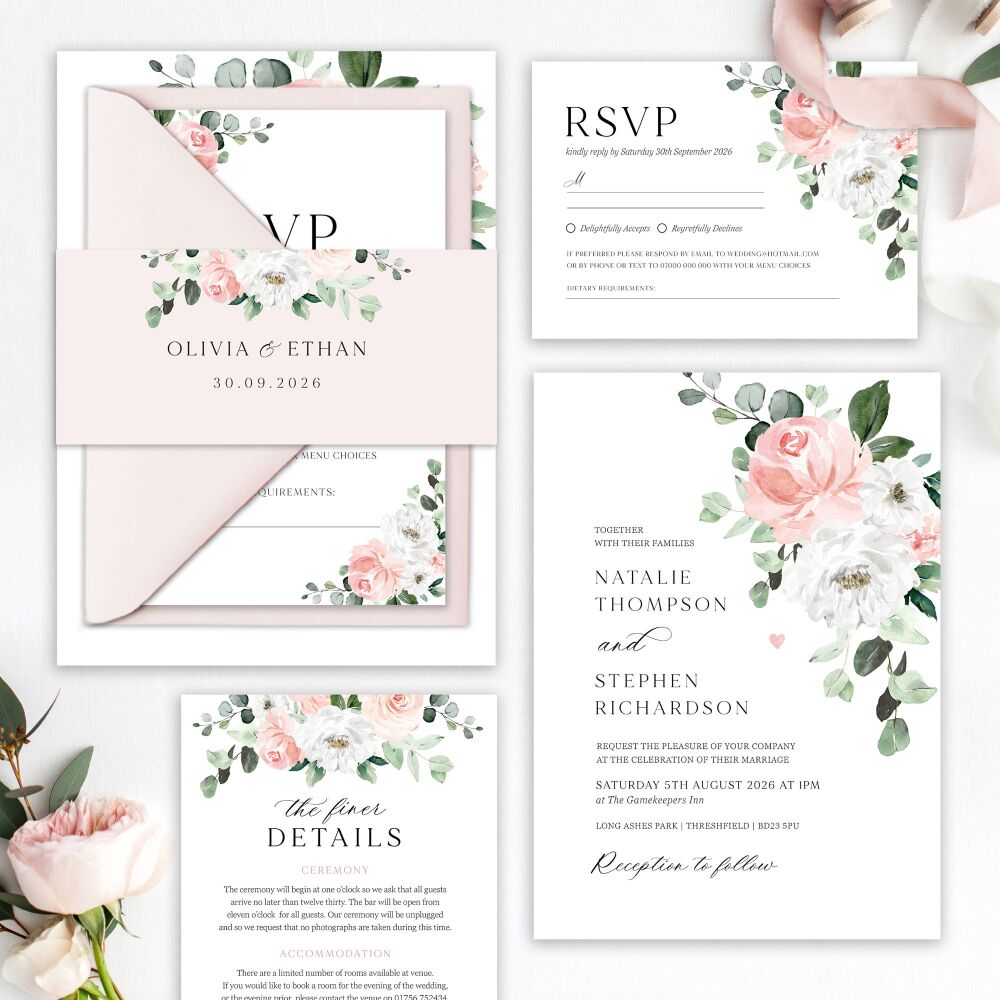 Blush Florals & Eucalyptus Wedding Invitation Sample