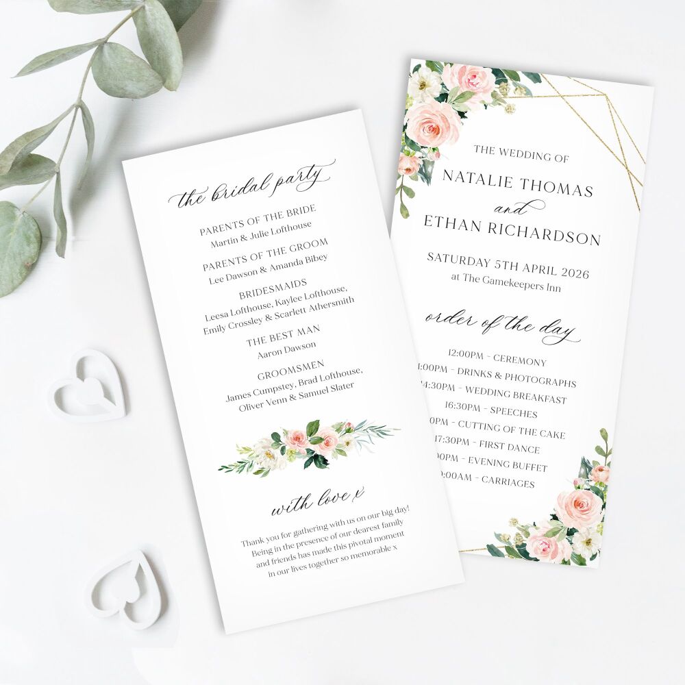 Blush Pink & Gold Order of Service Card