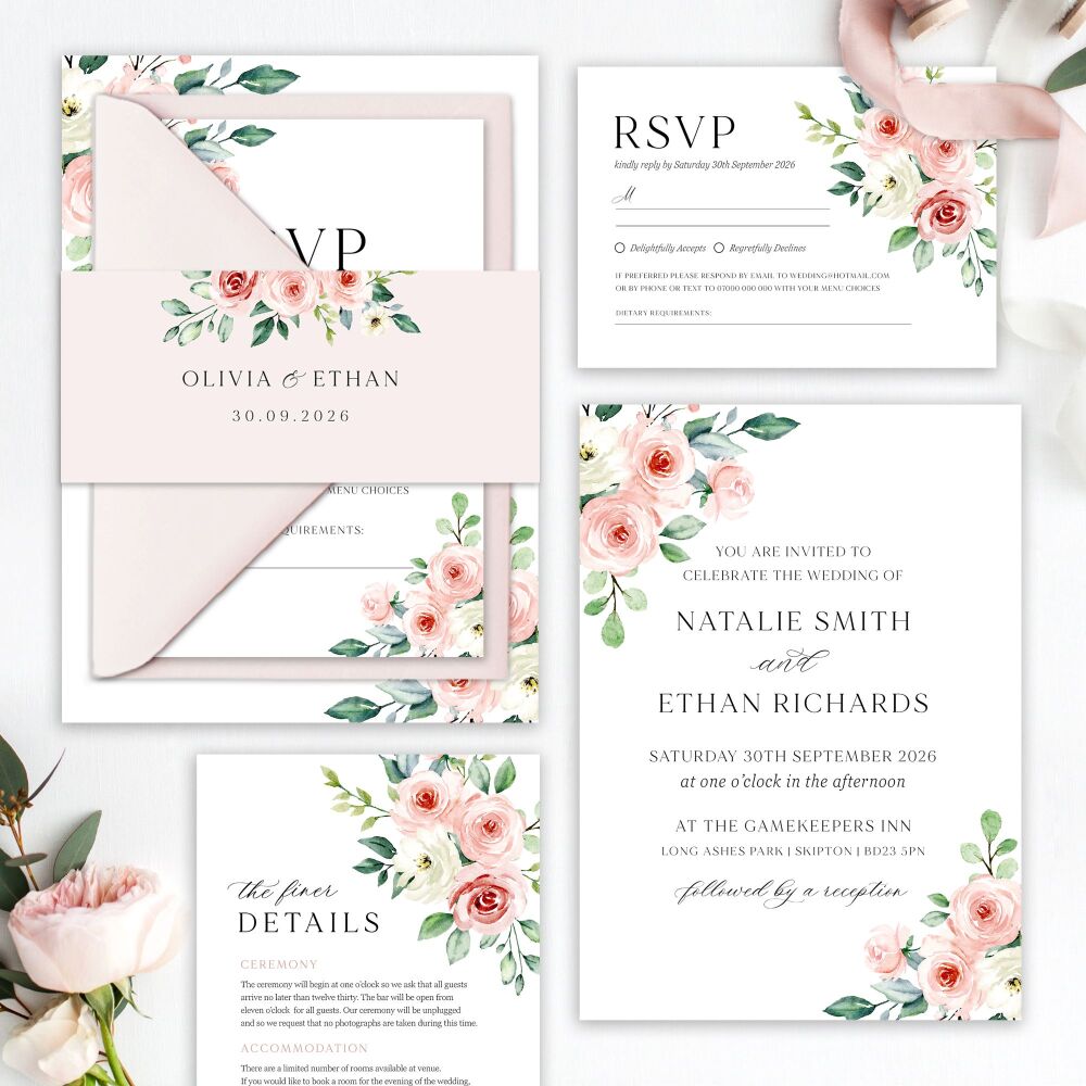 Blush Roses Wedding Invitation Sample