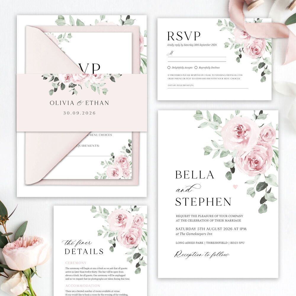 Dusky Pink Floral Wedding Invitation Sample