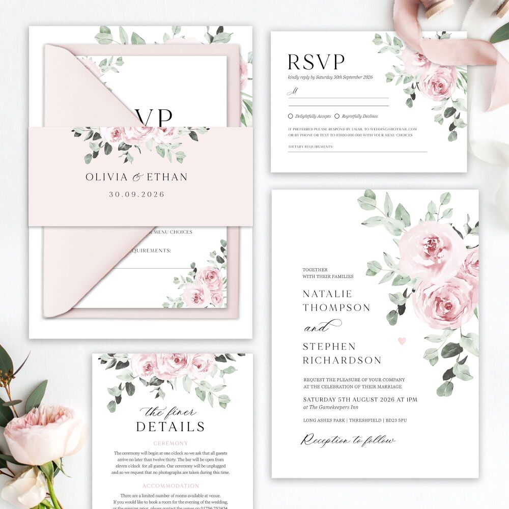 Dusky Pink Floral Wedding Invitation Sample