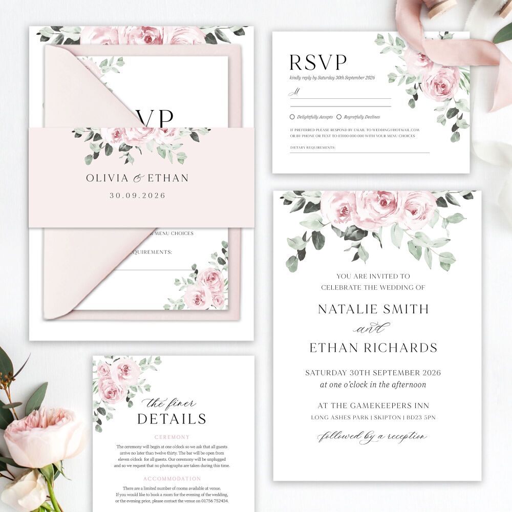 Dusky Pink Floral Wedding Invitation Sample