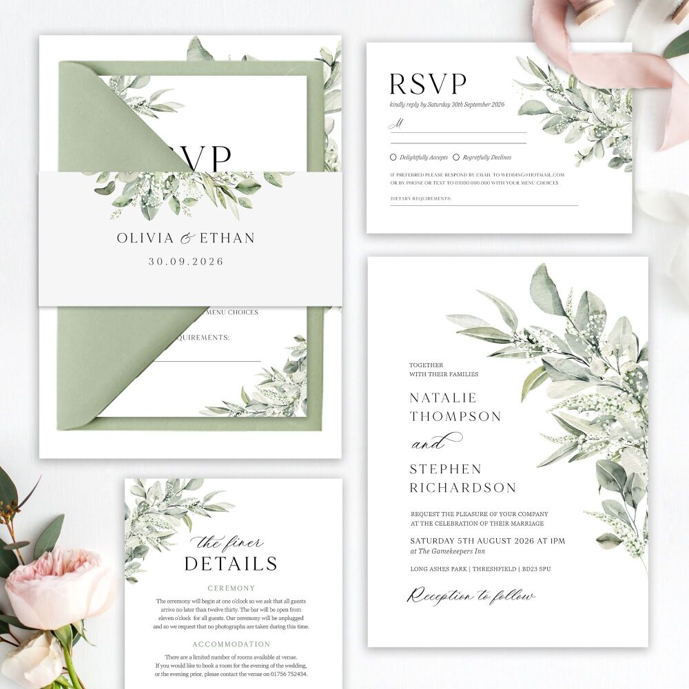 Sage & Gypsophilia Wedding Invitation Sample