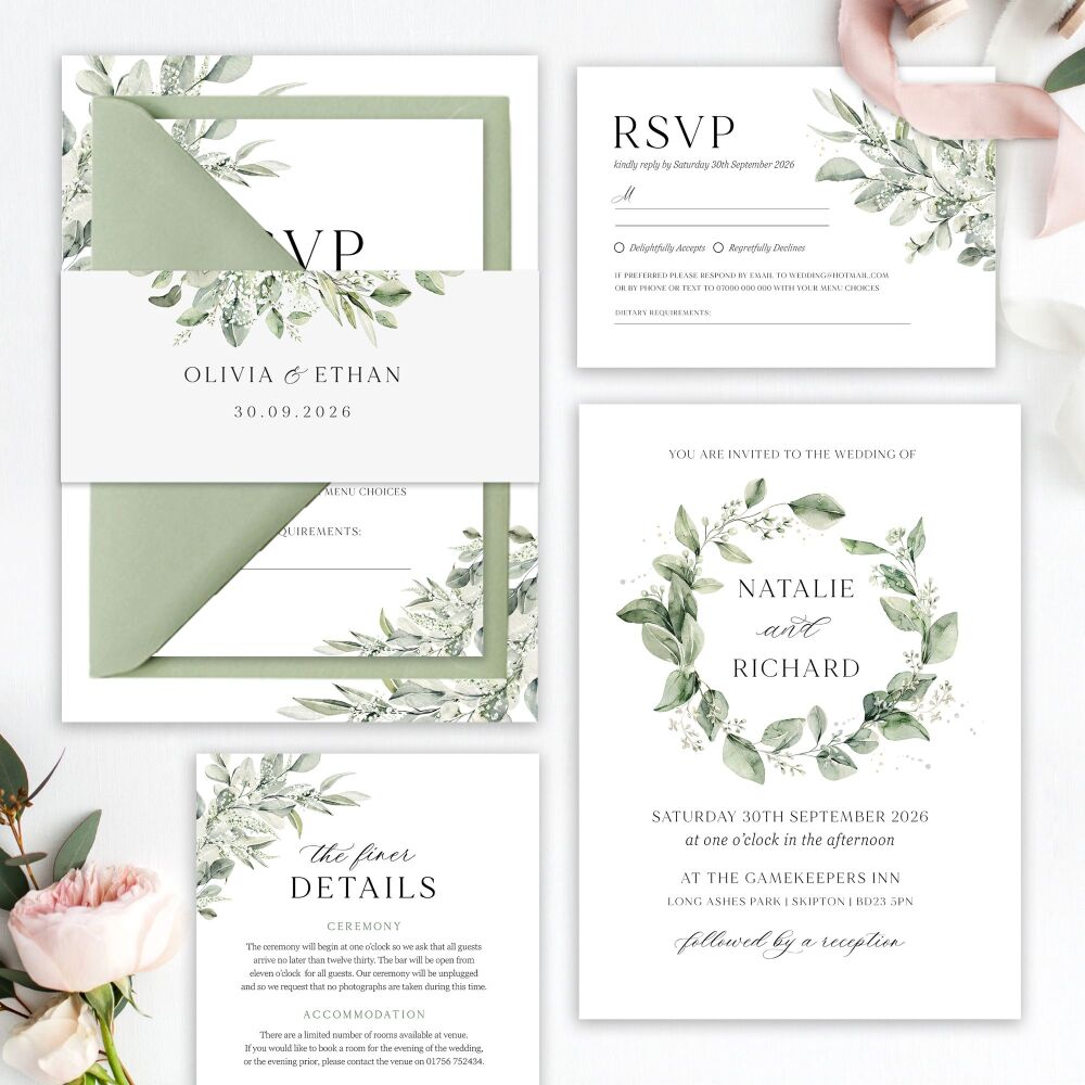 Sage & Gypsophilia Wedding Invitation Sample