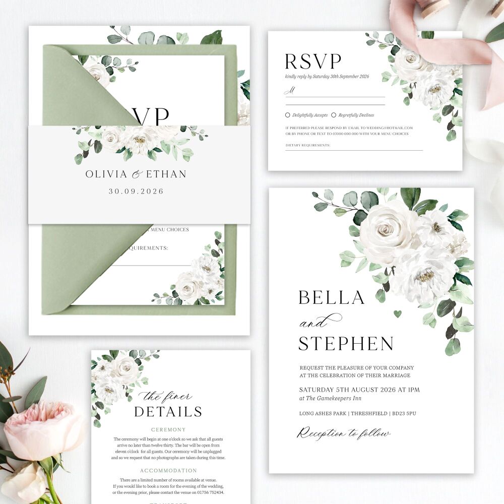 White Florals & Eucalyptus Wedding Invitation Sample