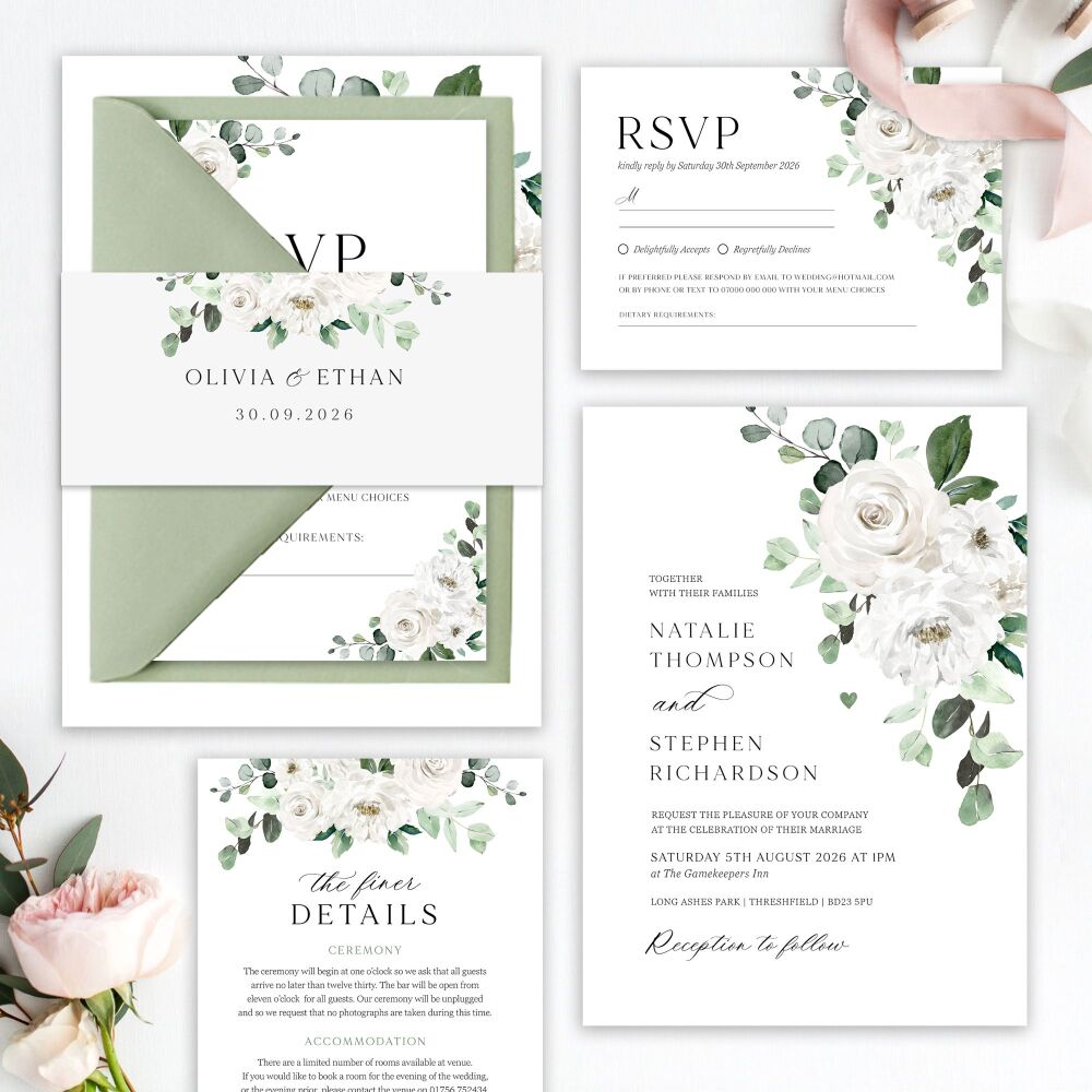 White Florals & Eucalyptus Wedding Invitation Sample