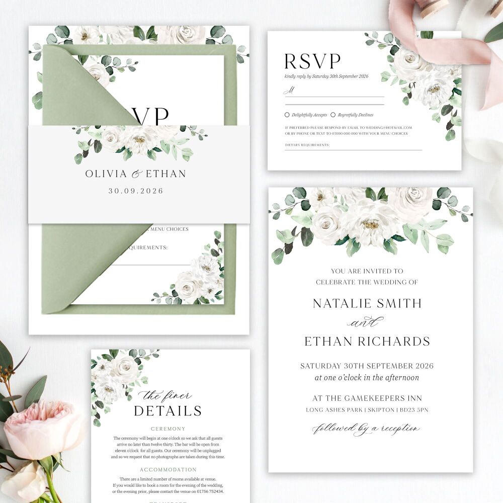 White Florals & Eucalyptus Wedding Invitation Sample