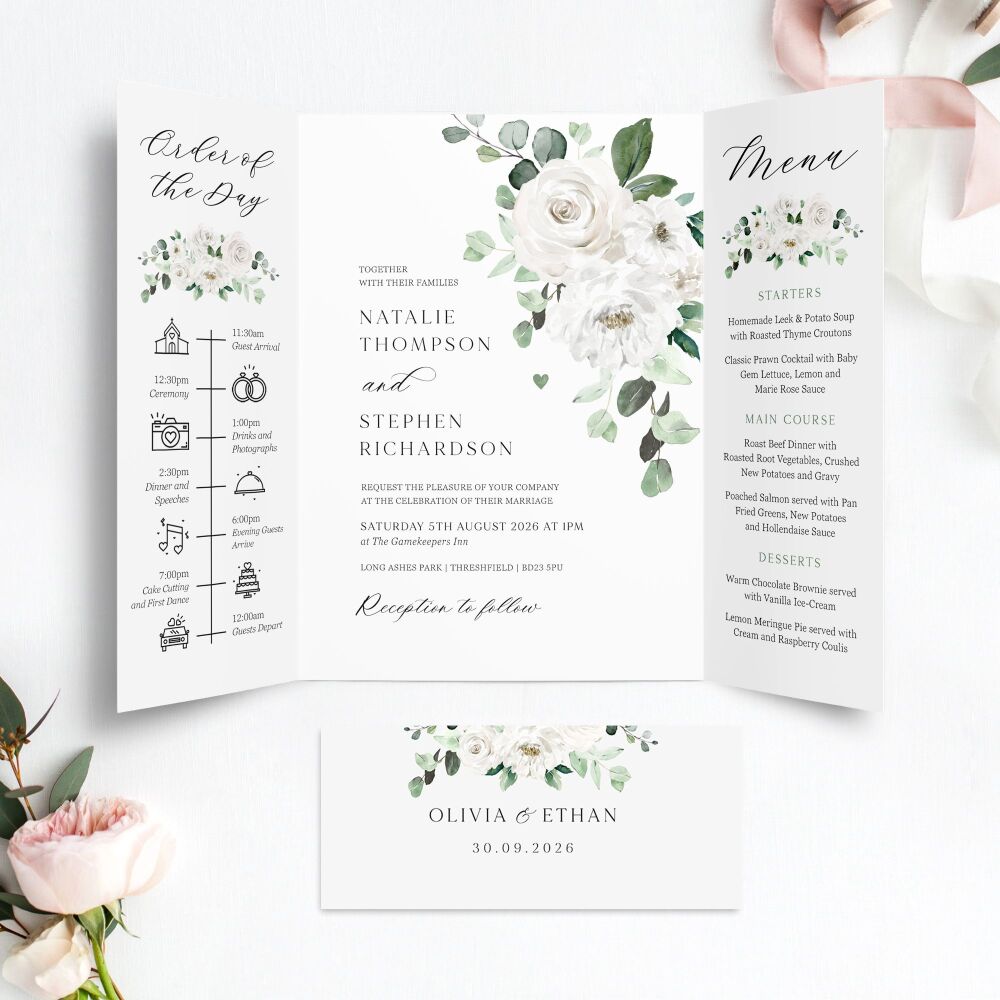 White Florals & Eucalyptus Wedding Invitation Sample