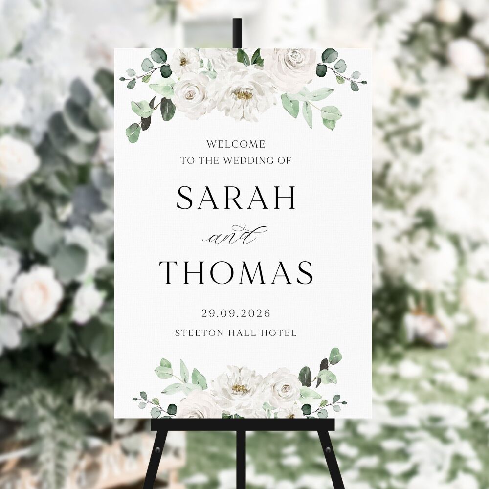 White Florals & Eucalyptus Welcome Sign