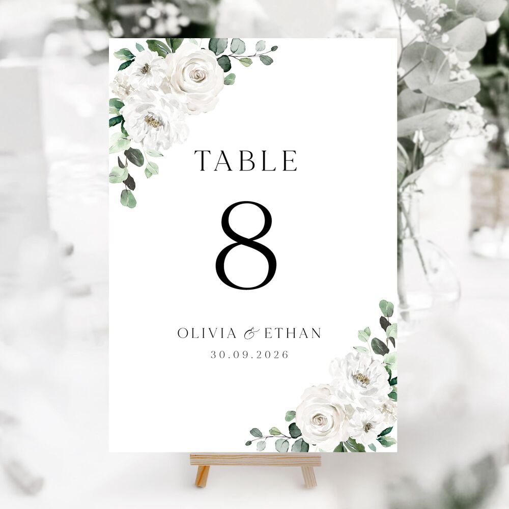 White Florals & Eucalyptus Table Numbers