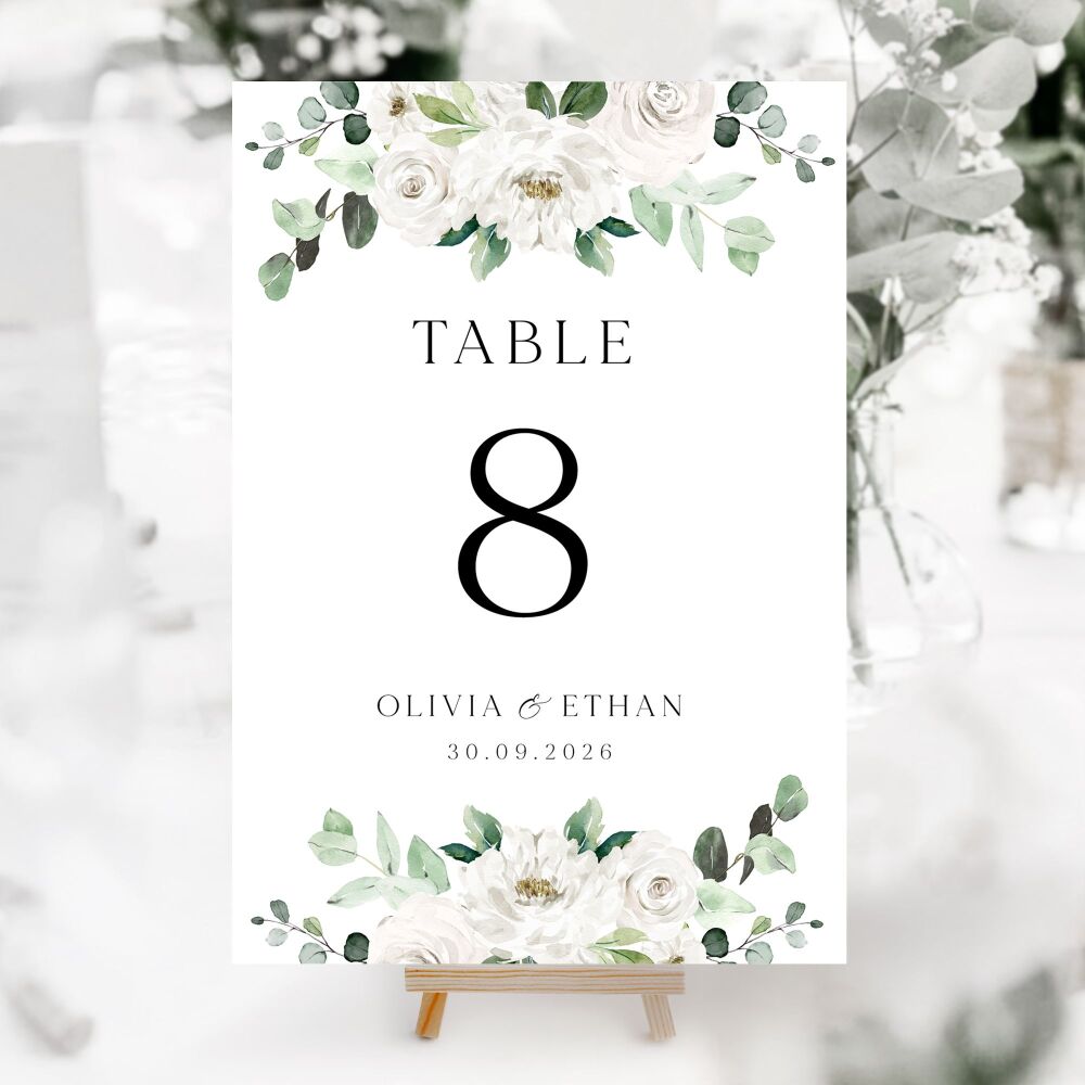 White Florals & Eucalyptus Table Numbers