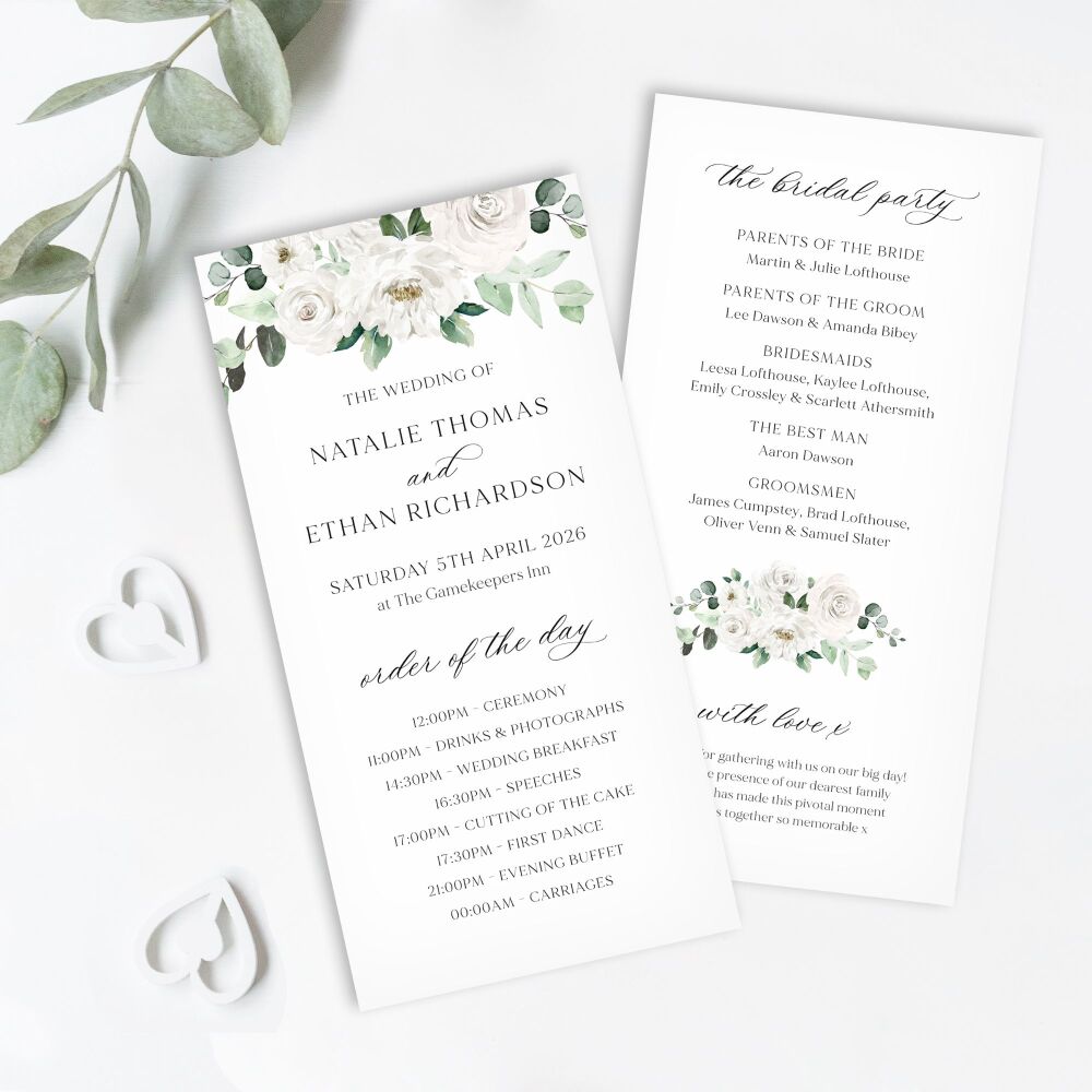 White Florals & Eucalyptus Order of Service Card