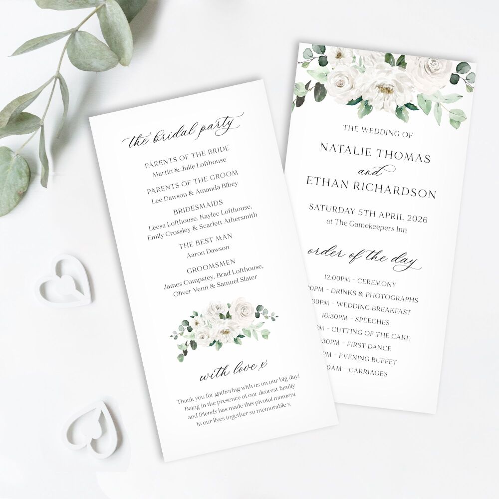 White Florals & Eucalyptus Order of Service Card