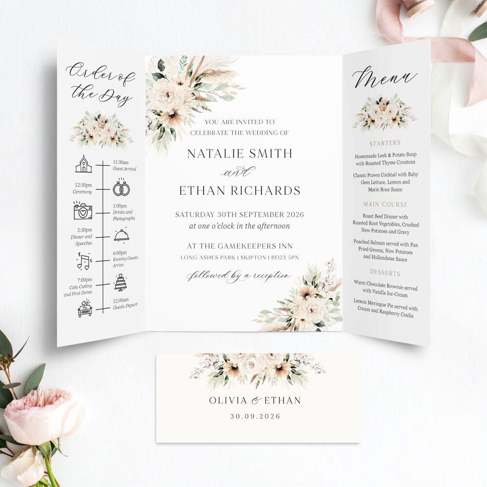 Pampas & Neutral Florals Wedding Invitation Sample