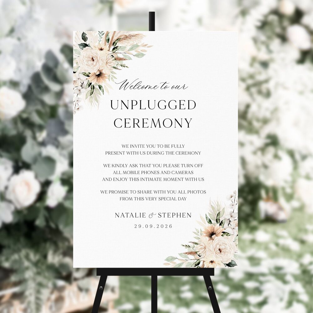 Pampas & Neutral Florals Unplugged Ceremony Sign