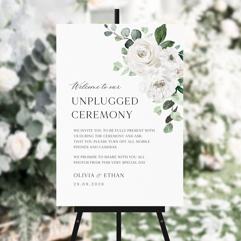 White Florals & Eucalyptus Unplugged Ceremony Sign