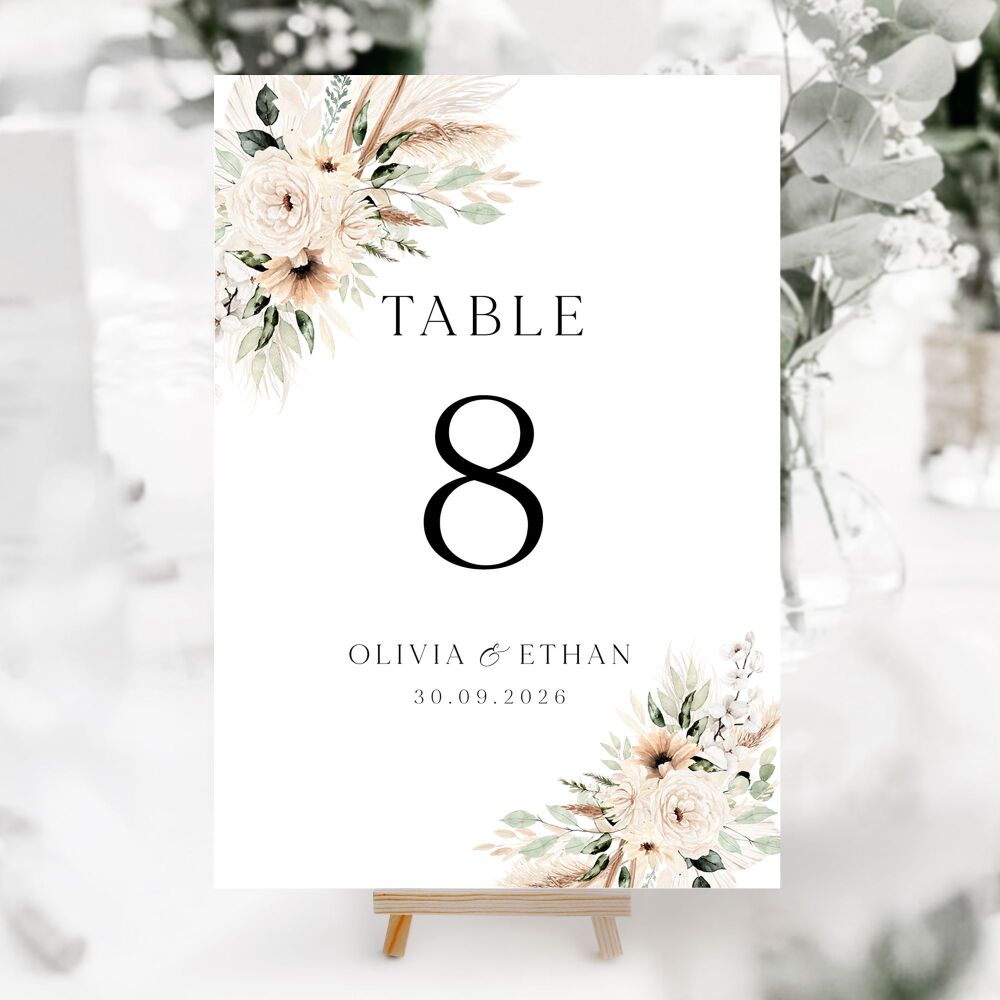 Pampas & Neutral Florals Table Numbers