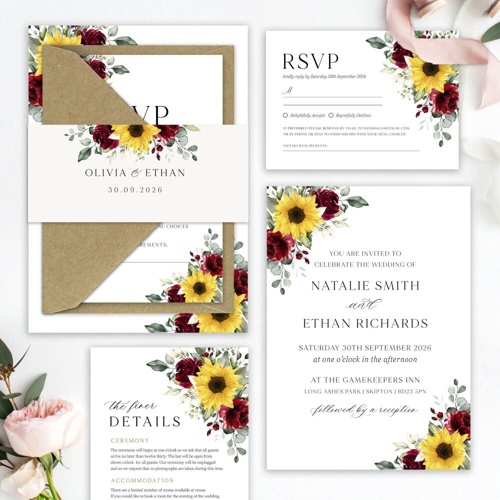 Sunflowers & Burgundy Wedding Invitation Sample