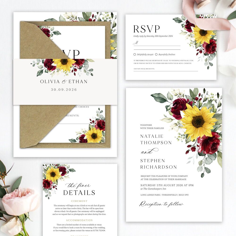 Sunflowers & Burgundy Wedding Invitation Sample