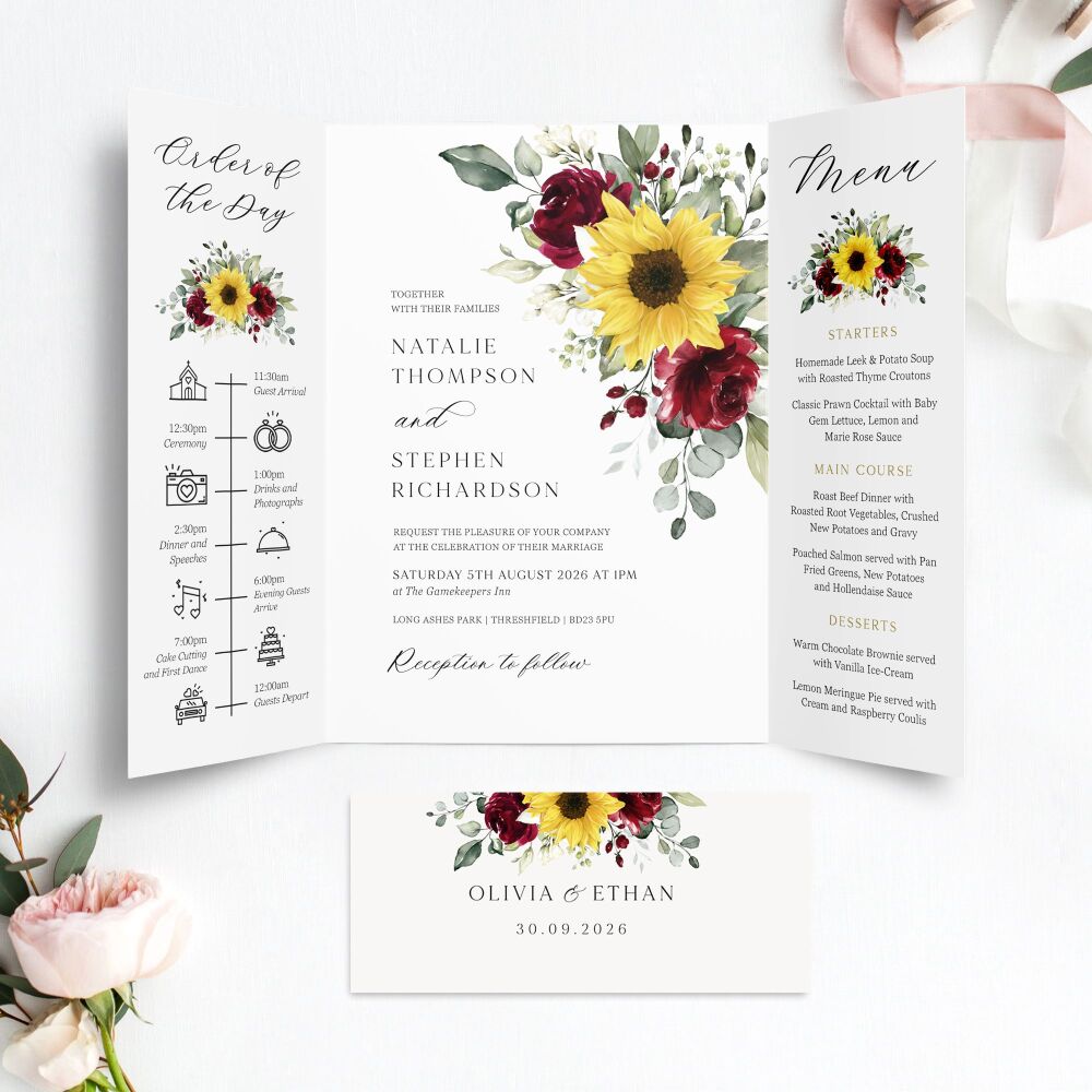 Sunflowers & Burgundy Wedding Invitation Sample