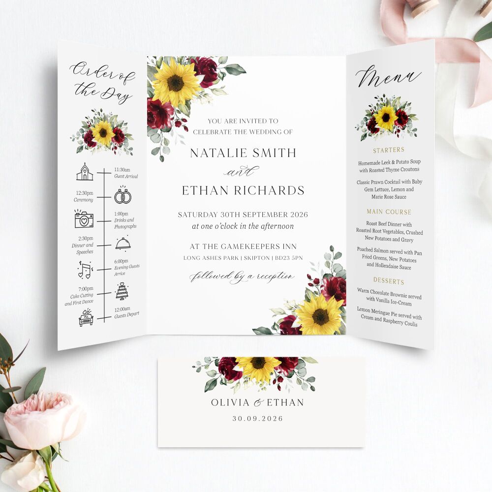 Sunflowers & Burgundy Wedding Invitation Sample