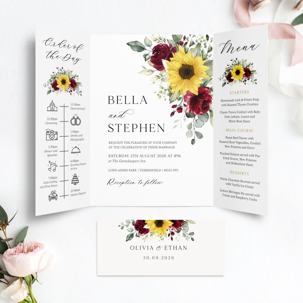 Sunflowers & Burgundy Wedding Invitation Sample
