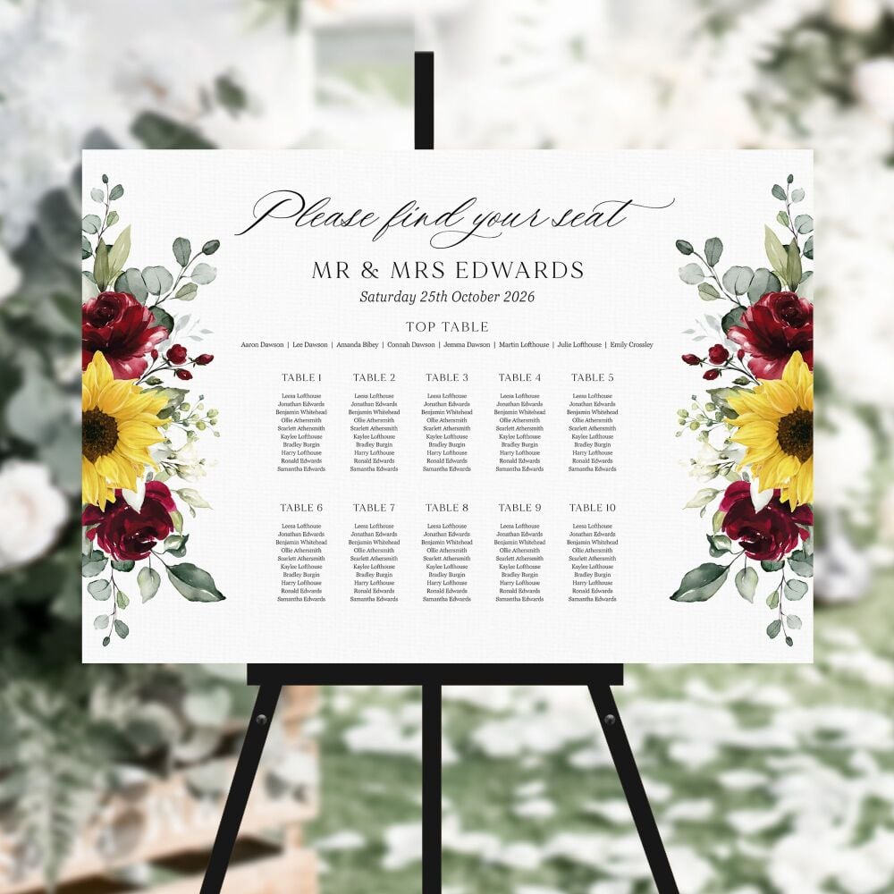 Sunflowers & Burgundy Table Plan