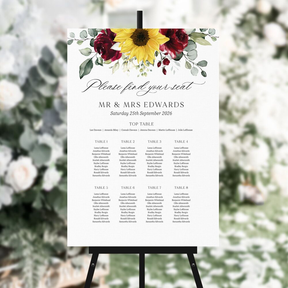 Sunflowers & Burgundy Table Plan