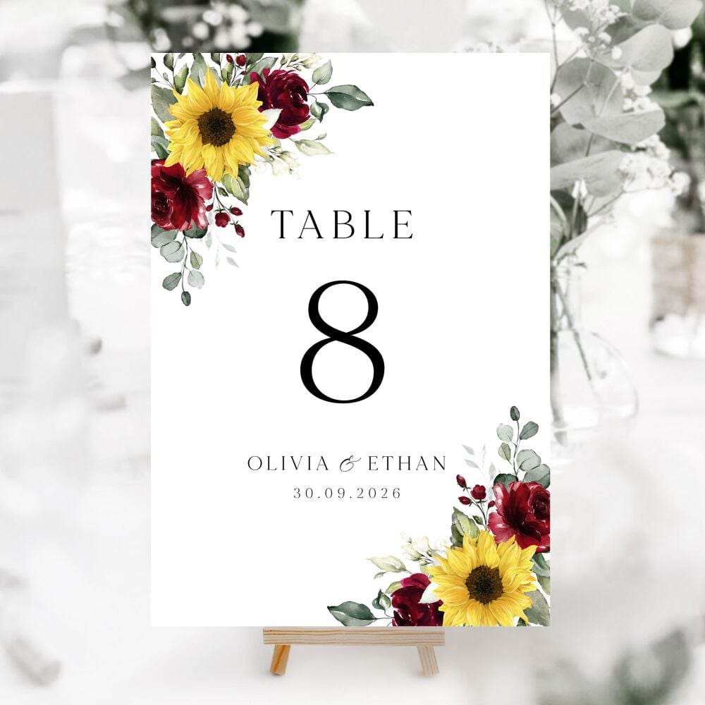 Sunflowers & Burgundy Table Numbers