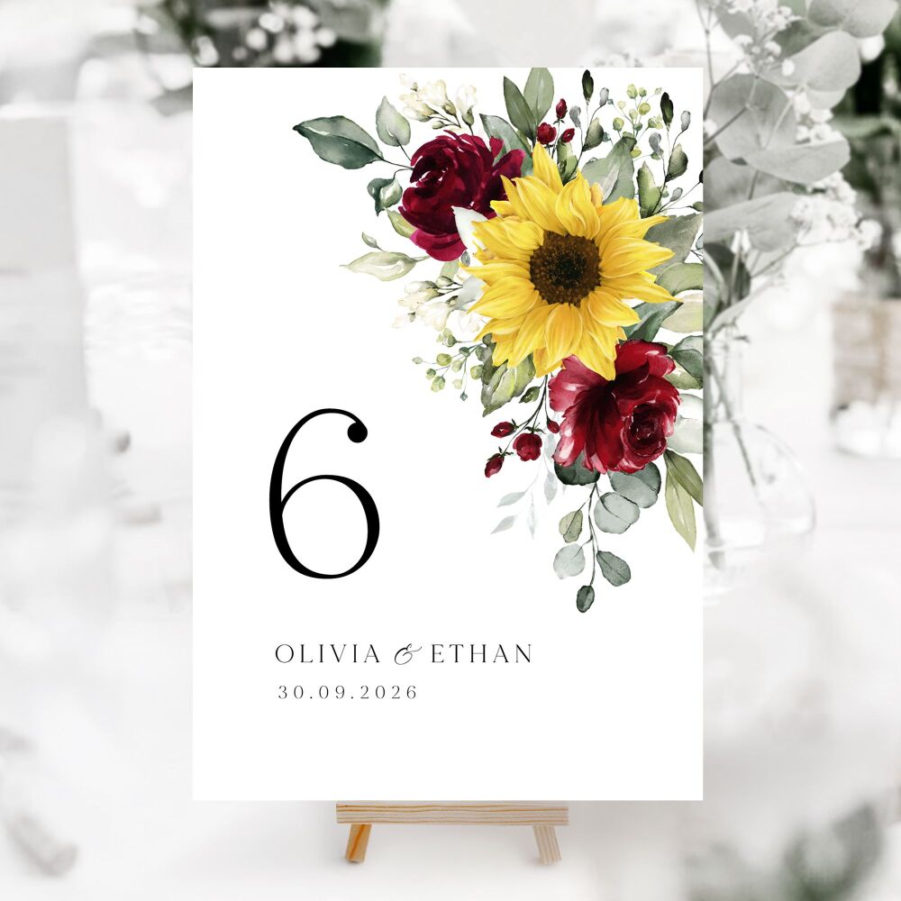 Sunflowers & Burgundy Table Numbers
