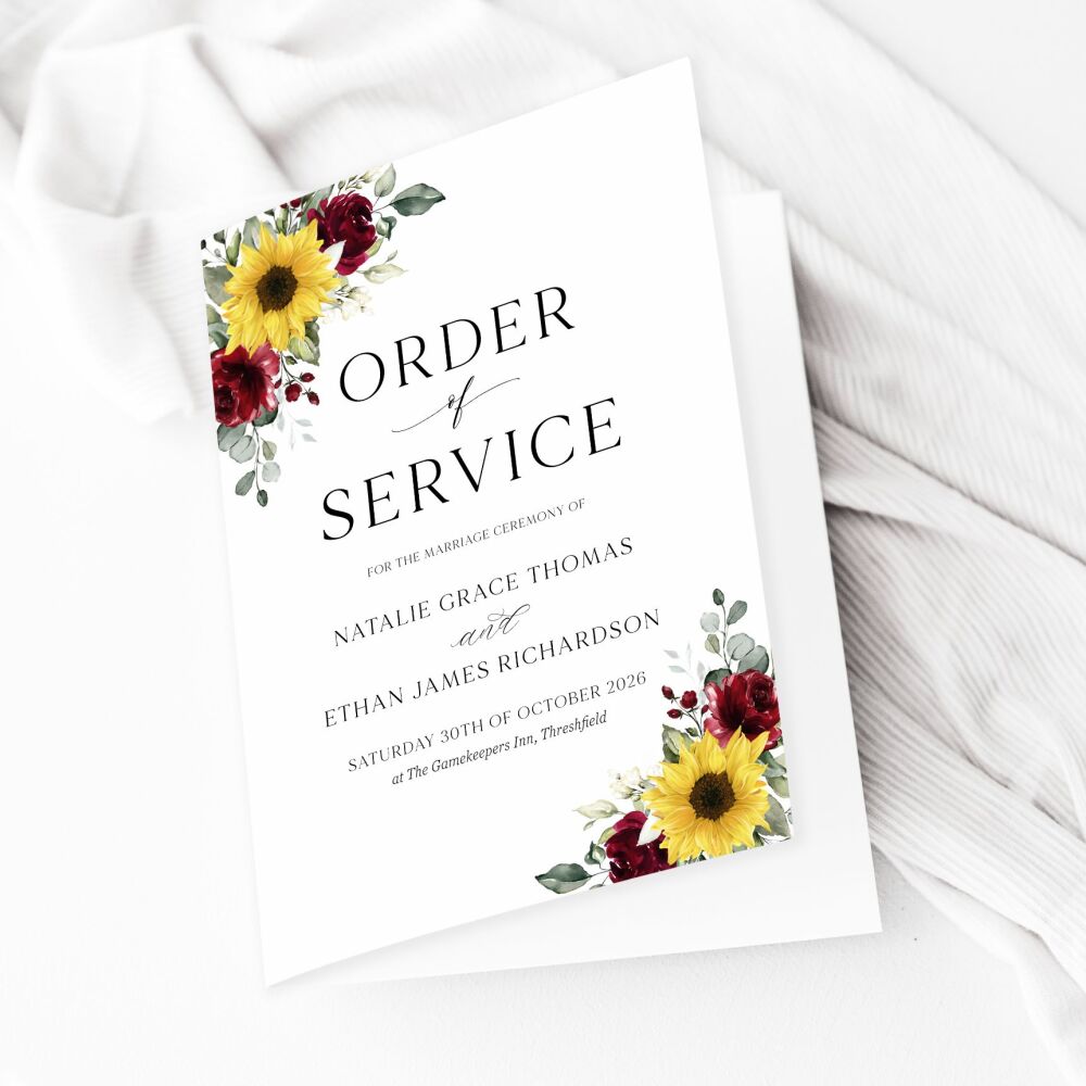 Sunflowers & Burgundy Order of Service Booklet