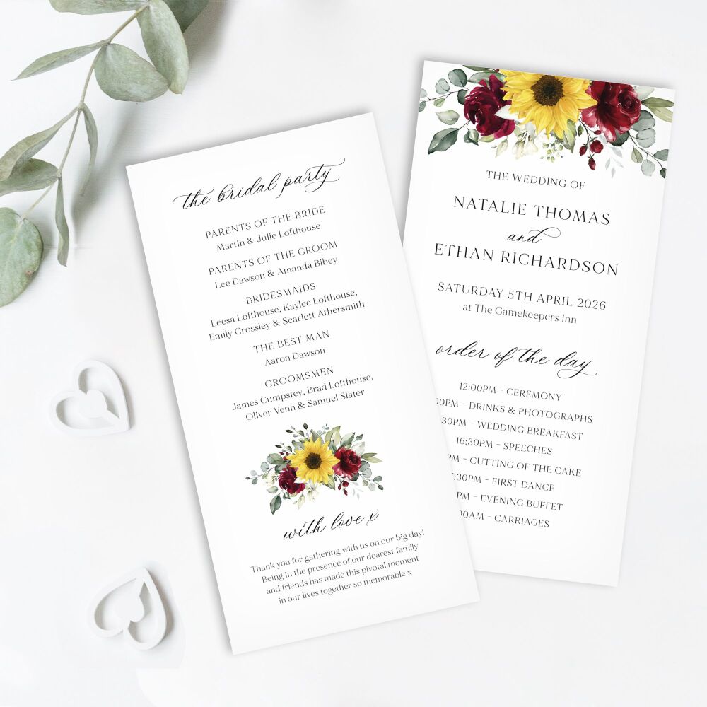Sunflowers & Burgundy Order of Service Card