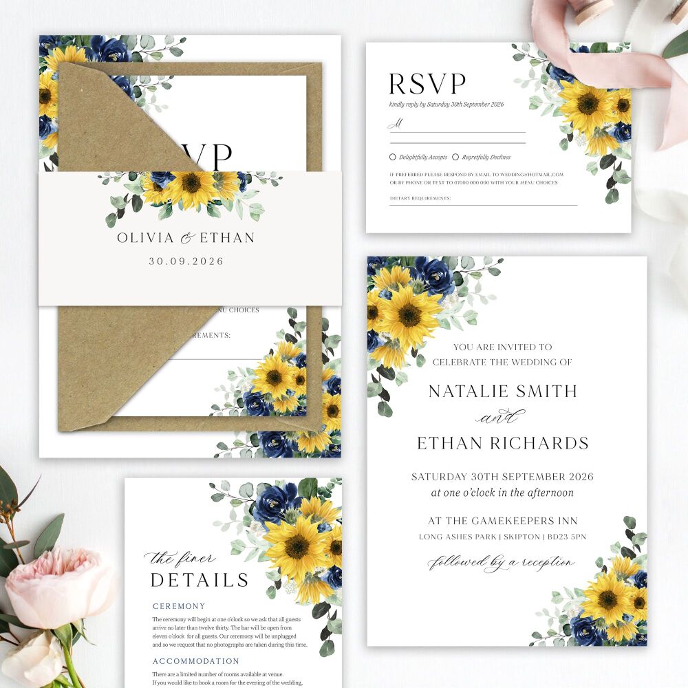 Sunflowers & Navy Wedding Invitation Sample