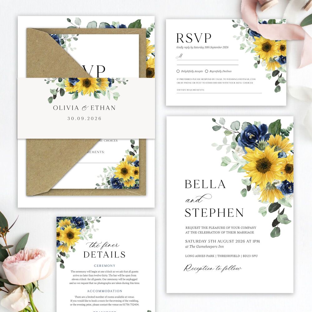 Sunflowers & Navy Wedding Invitation Sample