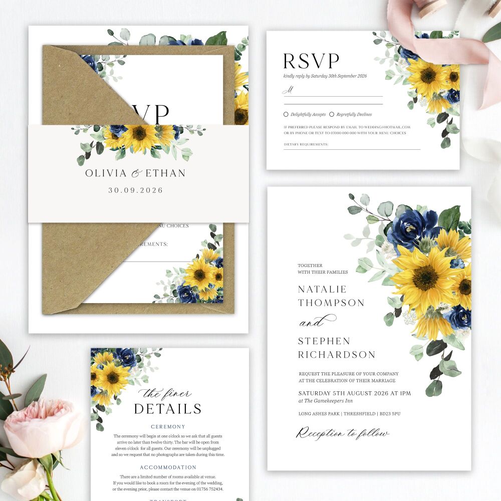 Sunflowers & Navy Wedding Invitation Sample
