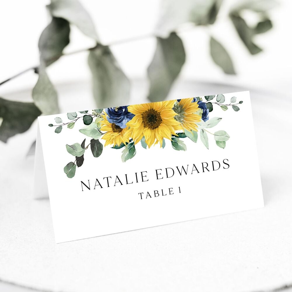 Sunflowers & Navy Place Name Card