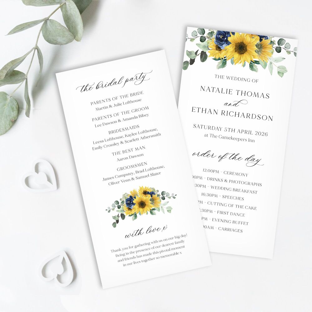 Sunflowers & Navy Order of Service Card