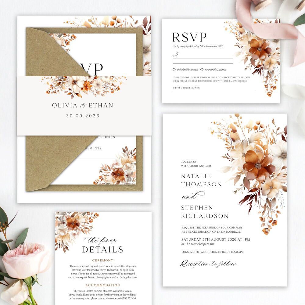 Caramel & Burnt Orange Wedding Invitation Sample