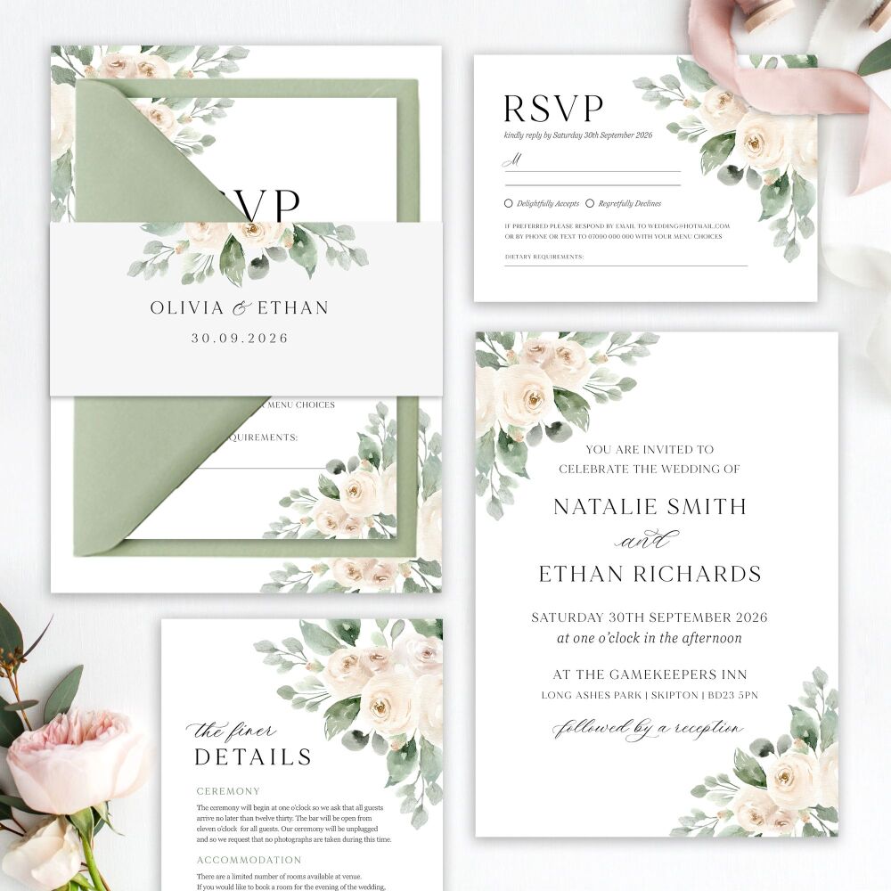 Ivory Peonies Wedding Invitation Sample