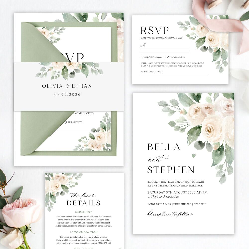 Ivory Peonies Wedding Invitation Sample