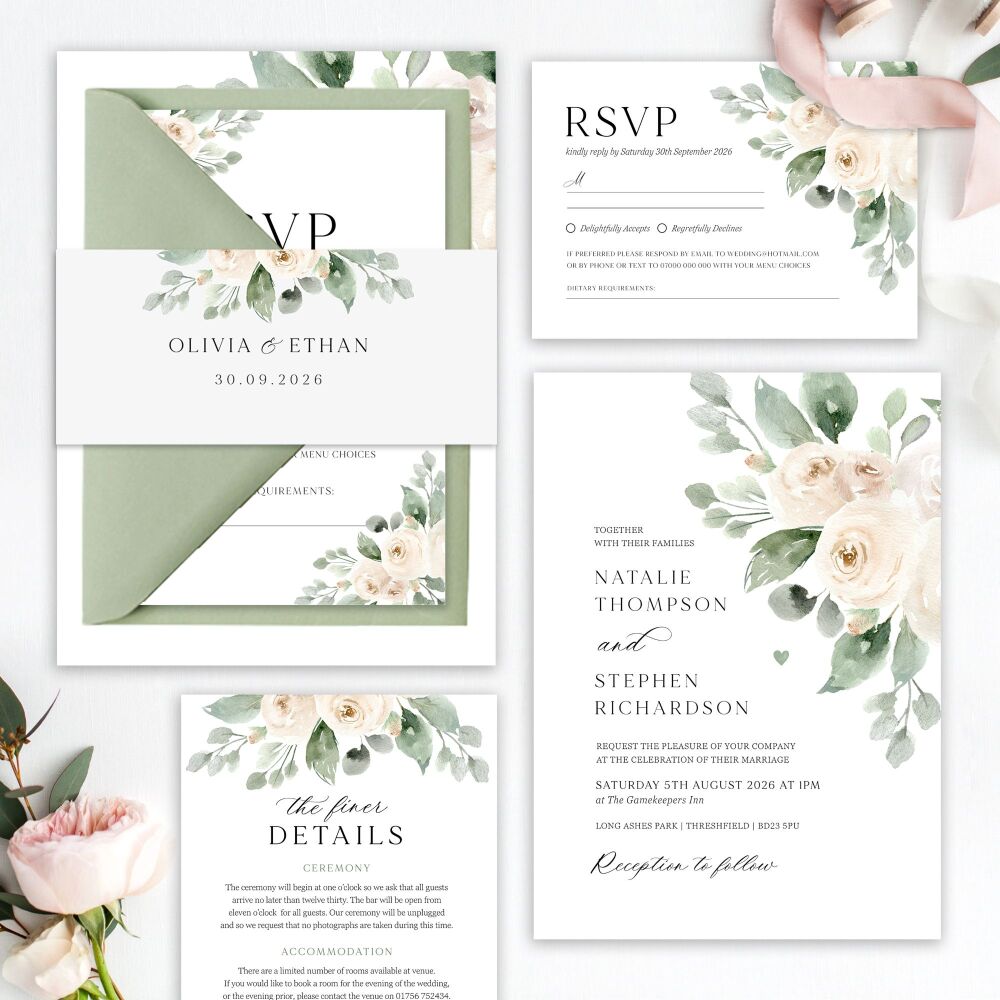 Ivory Peonies Wedding Invitation Sample