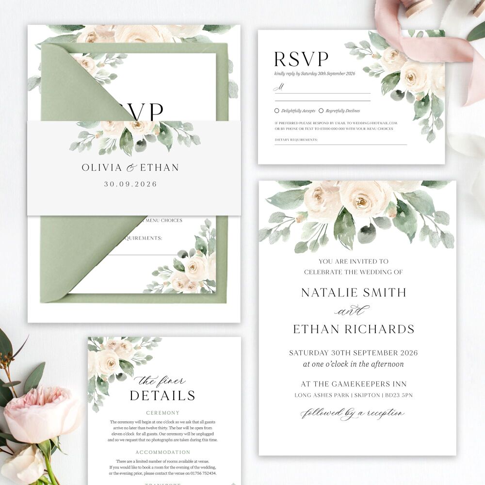 Ivory Peonies Wedding Invitation Sample