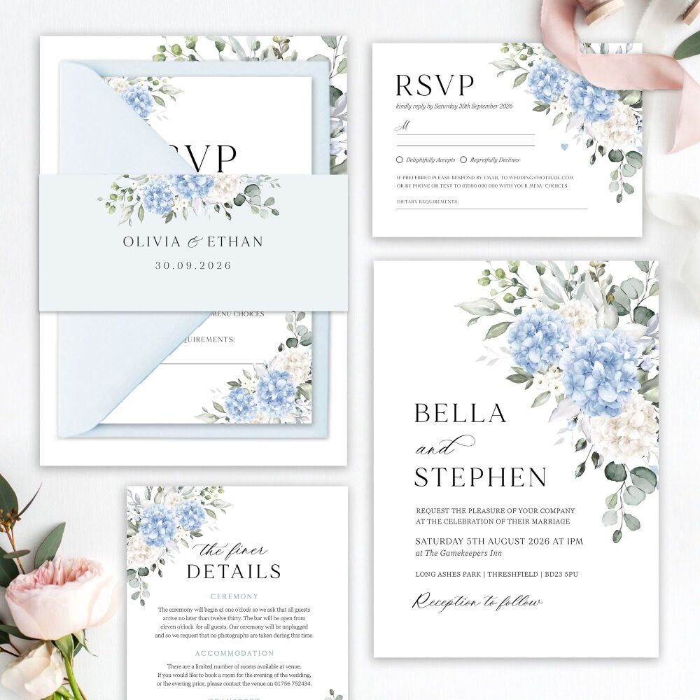 Ivory & Blue Hydrangeas Wedding Invitation Sample