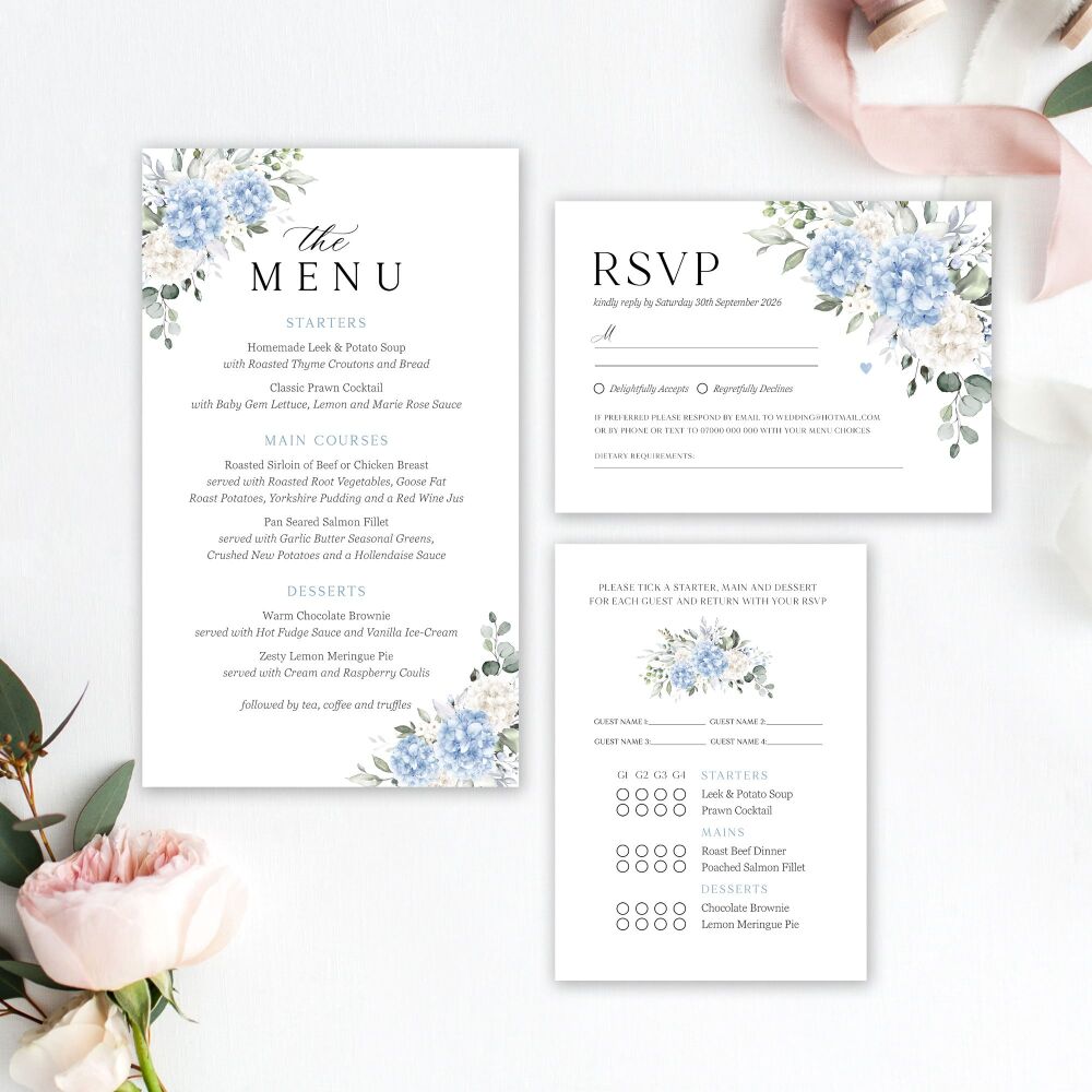 Ivory & Blue Hydrangeas Wedding Invitation Sample