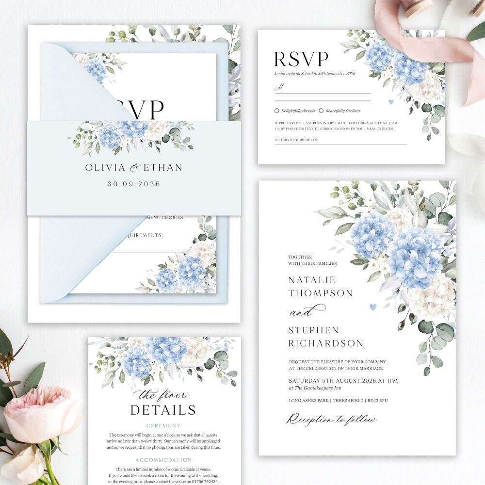 Ivory & Blue Hydrangeas Wedding Invitation Sample
