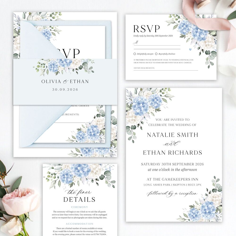 Ivory & Blue Hydrangeas Wedding Invitation Sample